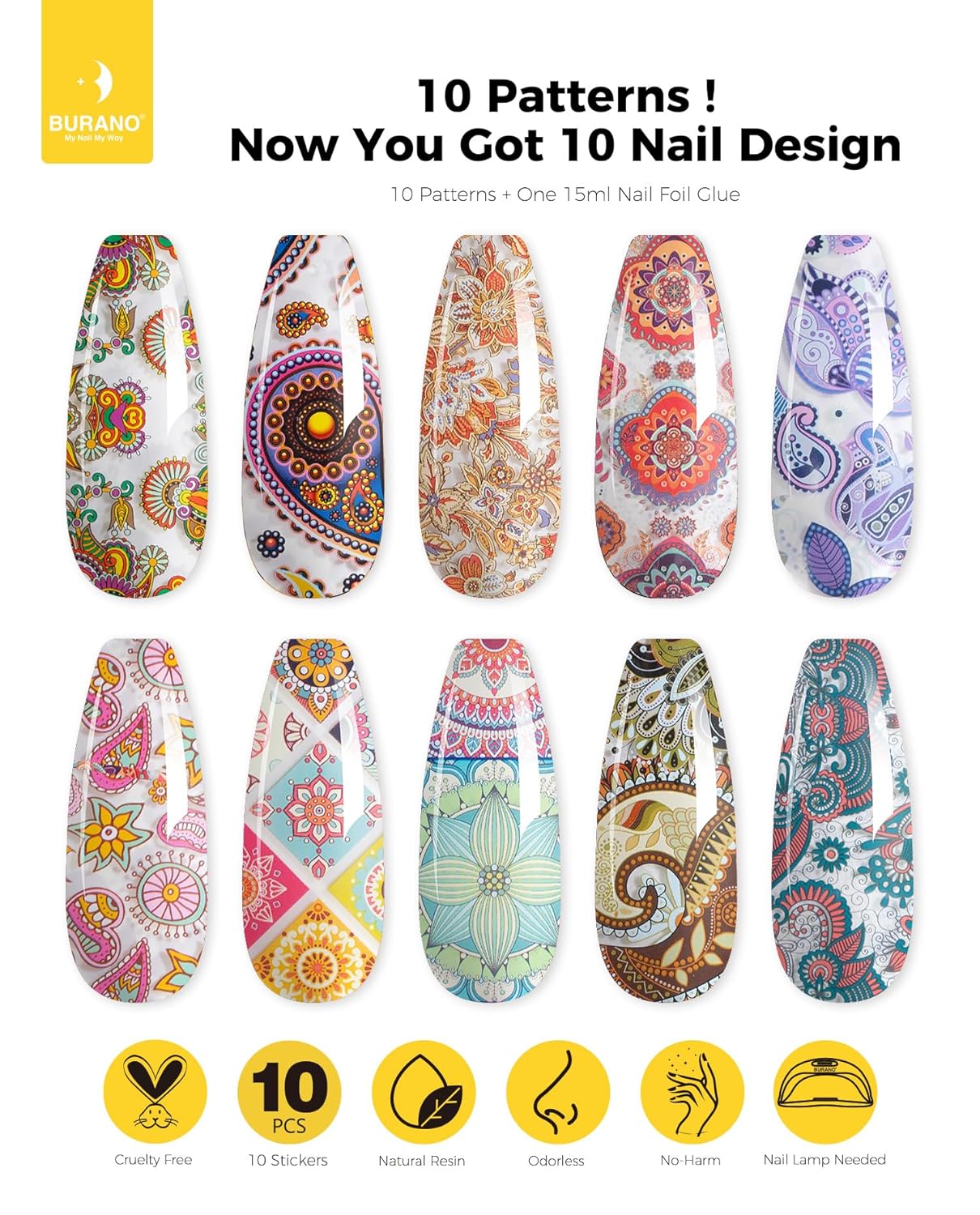 BURANO Nail Art Nail Foil Glue Gel, o.5 oz with 10PCS Foil Stickers Set Nail Foil Glue for Nails Foil Transfer Gel, Nail Design DIY UV LED Lamp Required (Popular Foil 12)