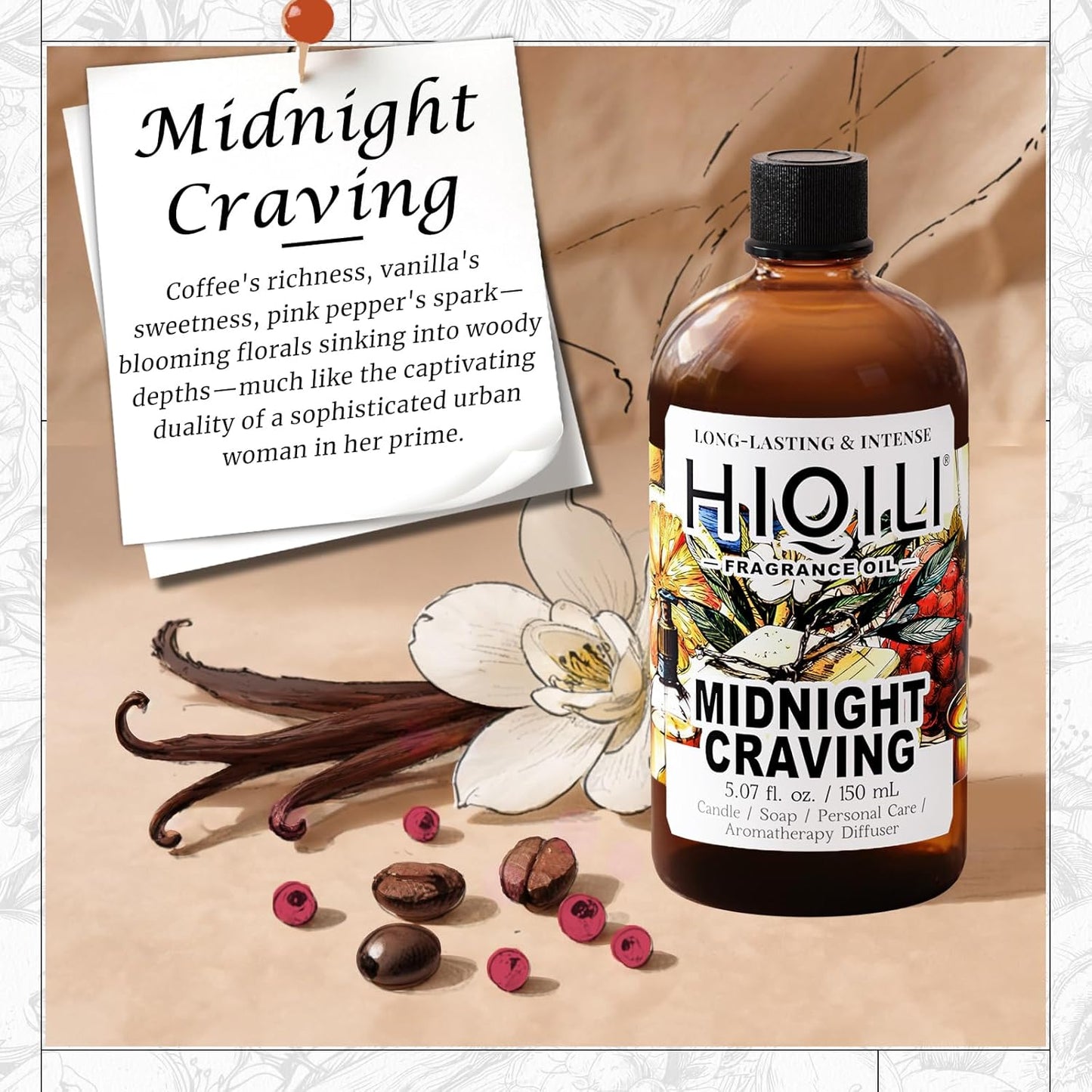 HIQILI Midnight Craving Fragrance Oil, Inspired by Y S.L's B.Lack O.pium, for Diffuser, Candle & Soap & Perfume Balm Making, Sweet Gourmand Aroma- 5.07 Fl Oz