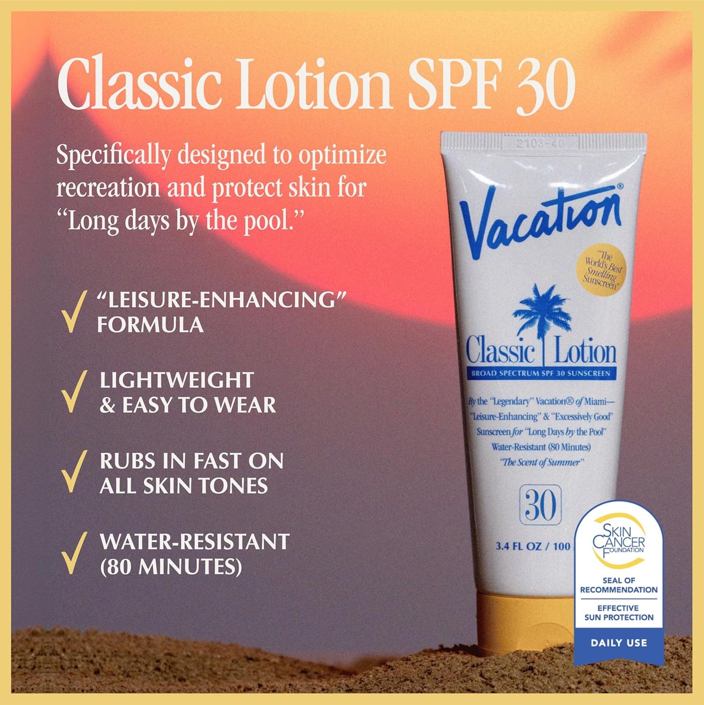Vacation Classic Sunscreen Lotion SPF 30, Water-Resistant, Lightweight, Transparent on All Skin Tones, Dermatologist-Tested, Vegan, Travel Size, 3.4 Fl. Oz. (Value Pack of 3)