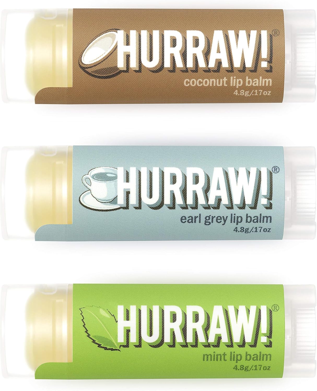 Hurraw! Coconut, Earl Grey, Mint Lip Balms, 3 Pack Bundle: Organic, Certified Vegan, Cruelty and Gluten Free. Non-GMO, 100% Natural Ingredients. Bee, Shea, Soy and Palm Free. Made in USA