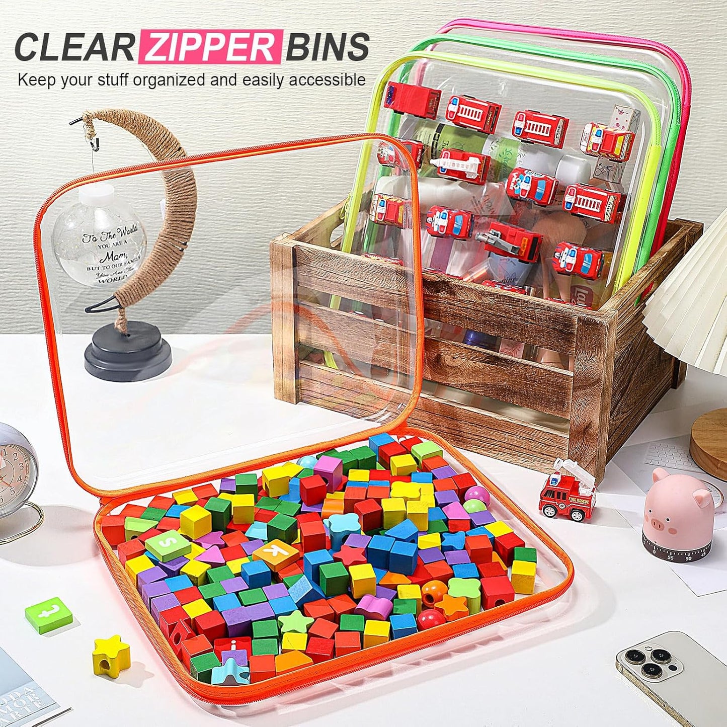 Hoolerry 4 Pcs Hard Clear Zipper Case Makeup Bags Plastic Pencil Pouch Transparent Storage Box Containers for Cosmetics, Snacks, Building Blocks, Puzzles(Fluorescent,13.8 x 11.8 x 2 in)