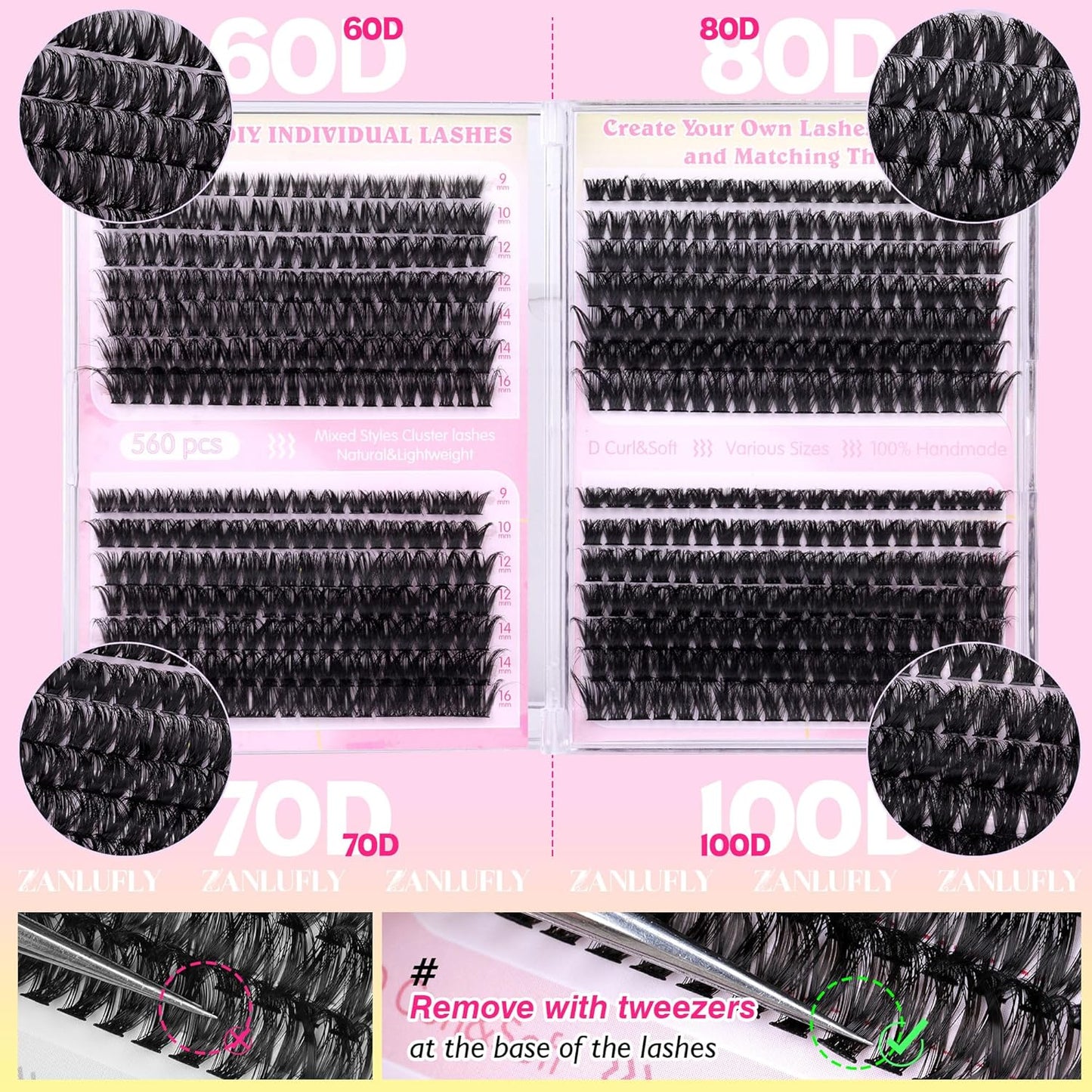 Lash Clusters D-Curly Individual Lashes Volume Eyelash Clusters Bulk zanlufly Thick Lash Extension 560Pcs Natural DIY Eyelash Extension (9-16MM,60D+70D+80D+100D)