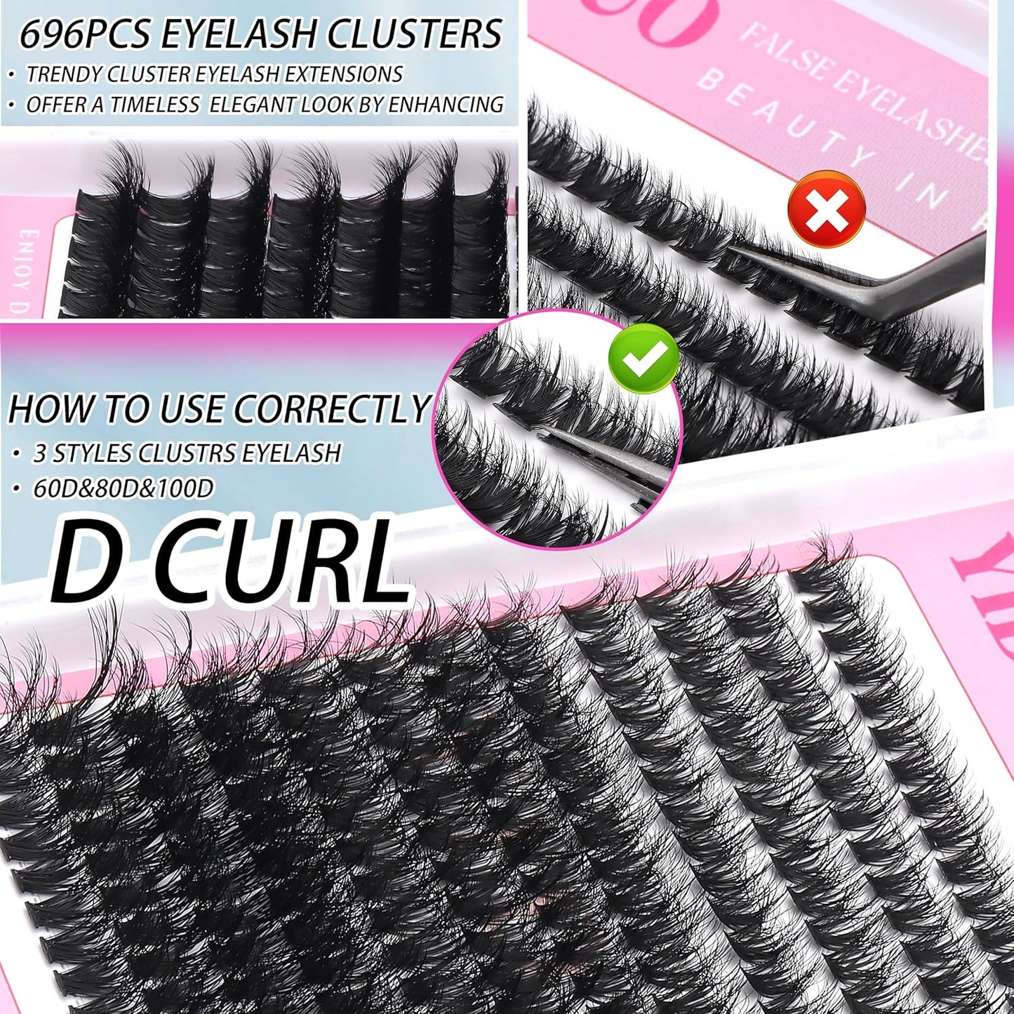 D Curl Volume Fake Eyelashes Lashes Cluster Kit Wispy Faux Mink Lashes 696Pcs Bulk Packs, DIY Individual Eyelash Extensions Wholesale Combo Pack with Glue|Tweezers|Removers