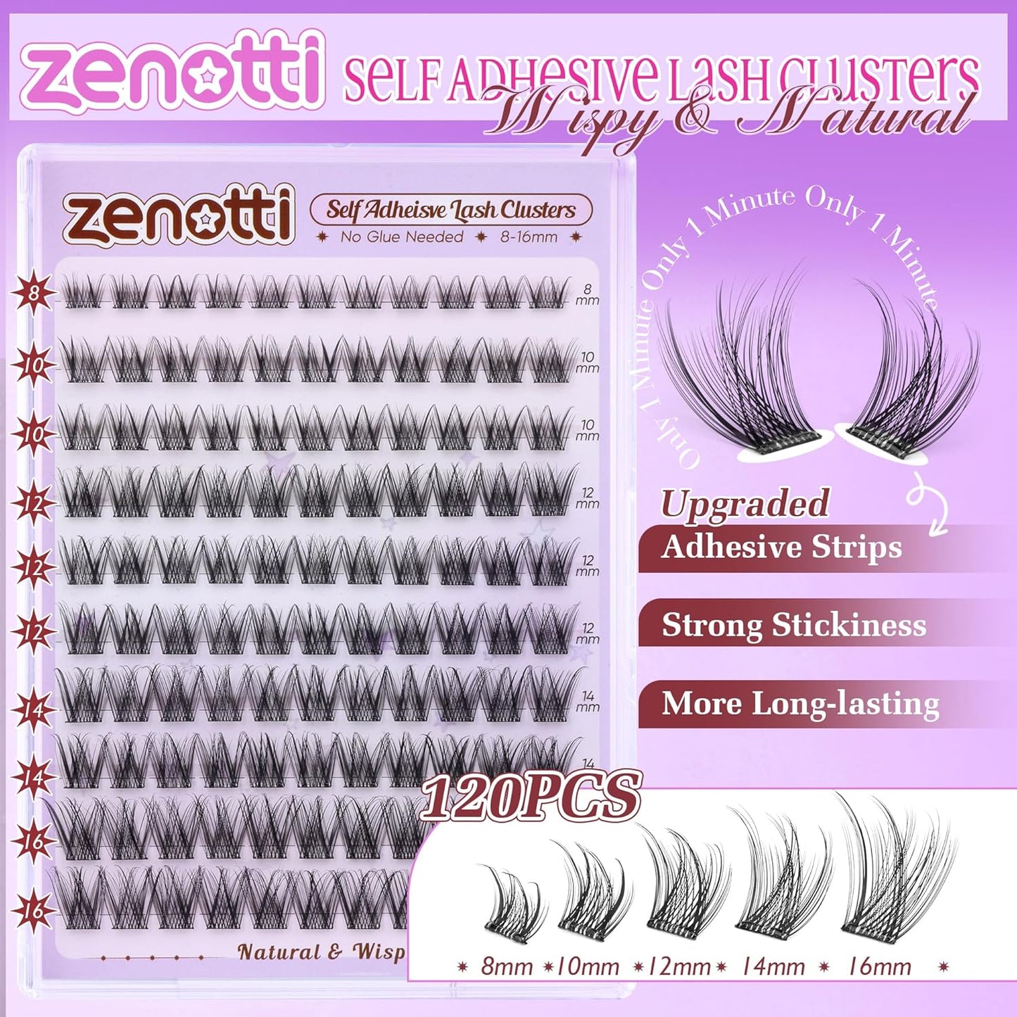 Self Adhesive Eyelash Clusters Natural Self Adhesive Lashes Cluster No Glue Eyelashes Press on Lashes Pre Glued Wispy Cluster Eyelash Extensions 8-16mm 120Pcs by zenotti