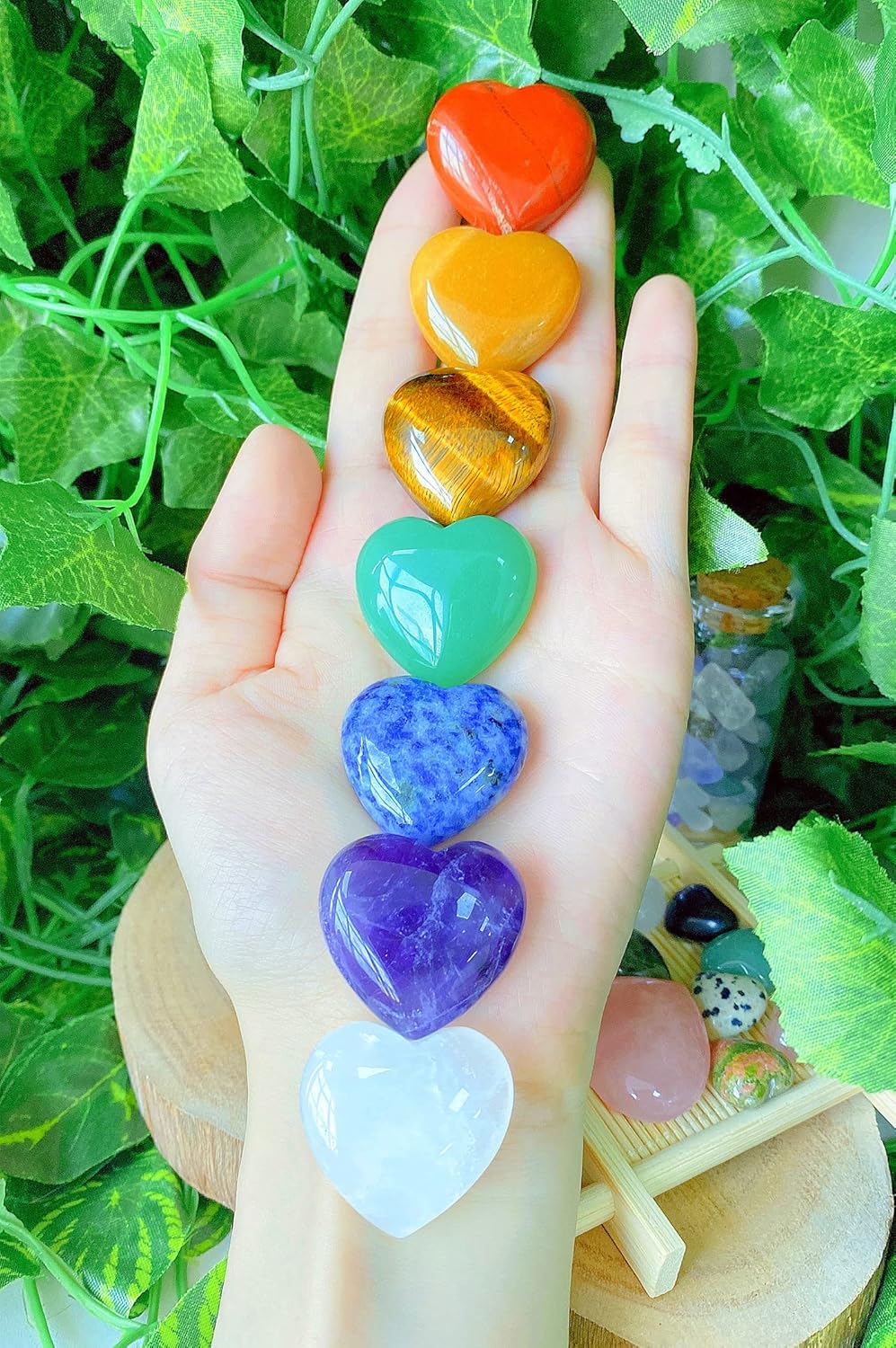 QINJIEJIE 7Pcs 7 Chakras 1.2" Heart Crystal Large Stone Rose Quartz Healing Crystals Love Polished Thumb Natural Palm Assorted Gemstones Reiki Energy Balancing Meditation Gift
