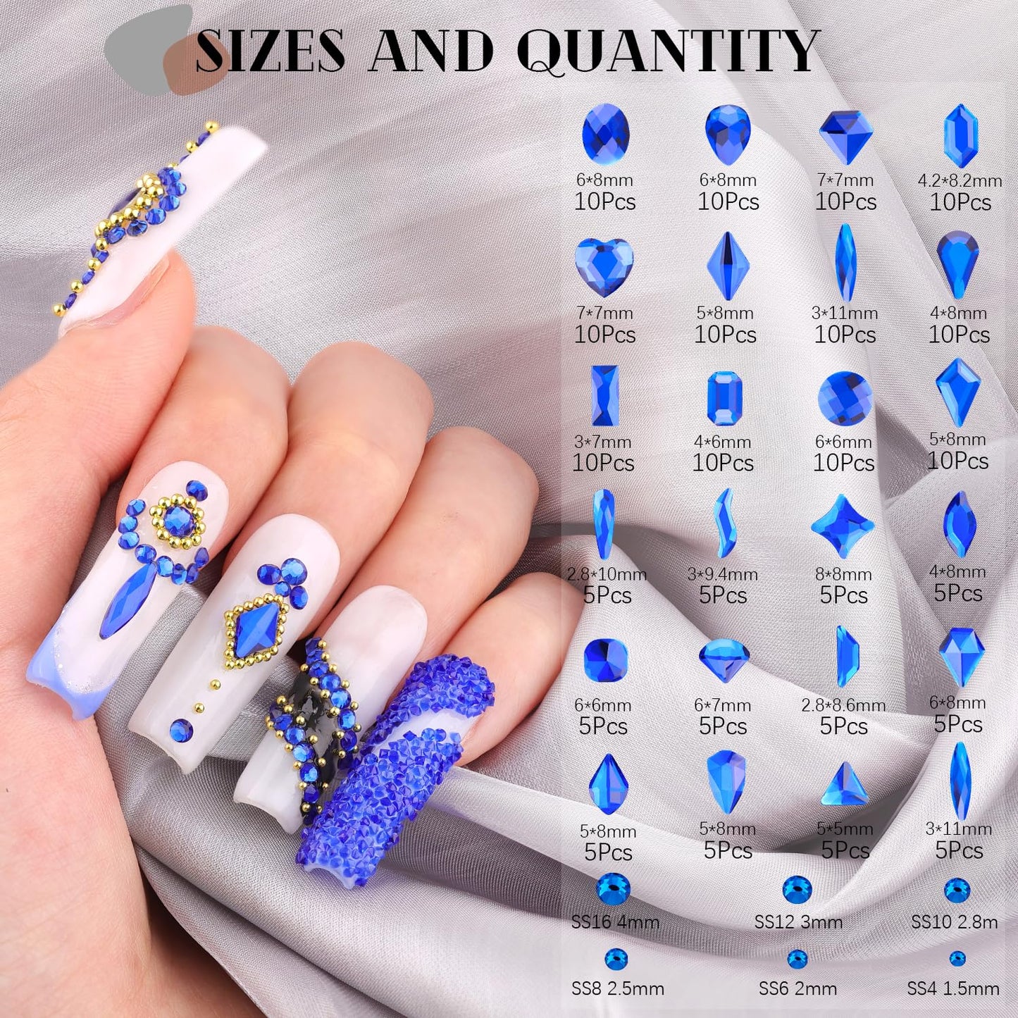 1680Pcs Royal Blue Glass Nail Rhinestones 180Pcs Multi Shapes Flatback Nail Gems + 1500Pcs 1.5-4mm Round Crystal, Manicure Nail Charms Diamond Gemstones for Acrylic Nails Decoration