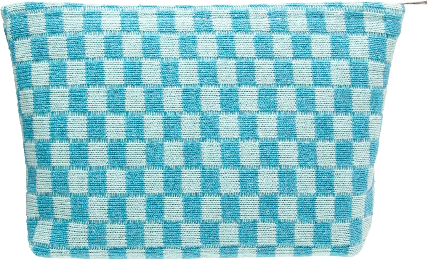 PAZIMIIK Knitted Checkered Makeup Bag Large Zipper Make Up Accessory Pouch for Purse Cosmetic Brush Bag for Travel Essential Lake Blue