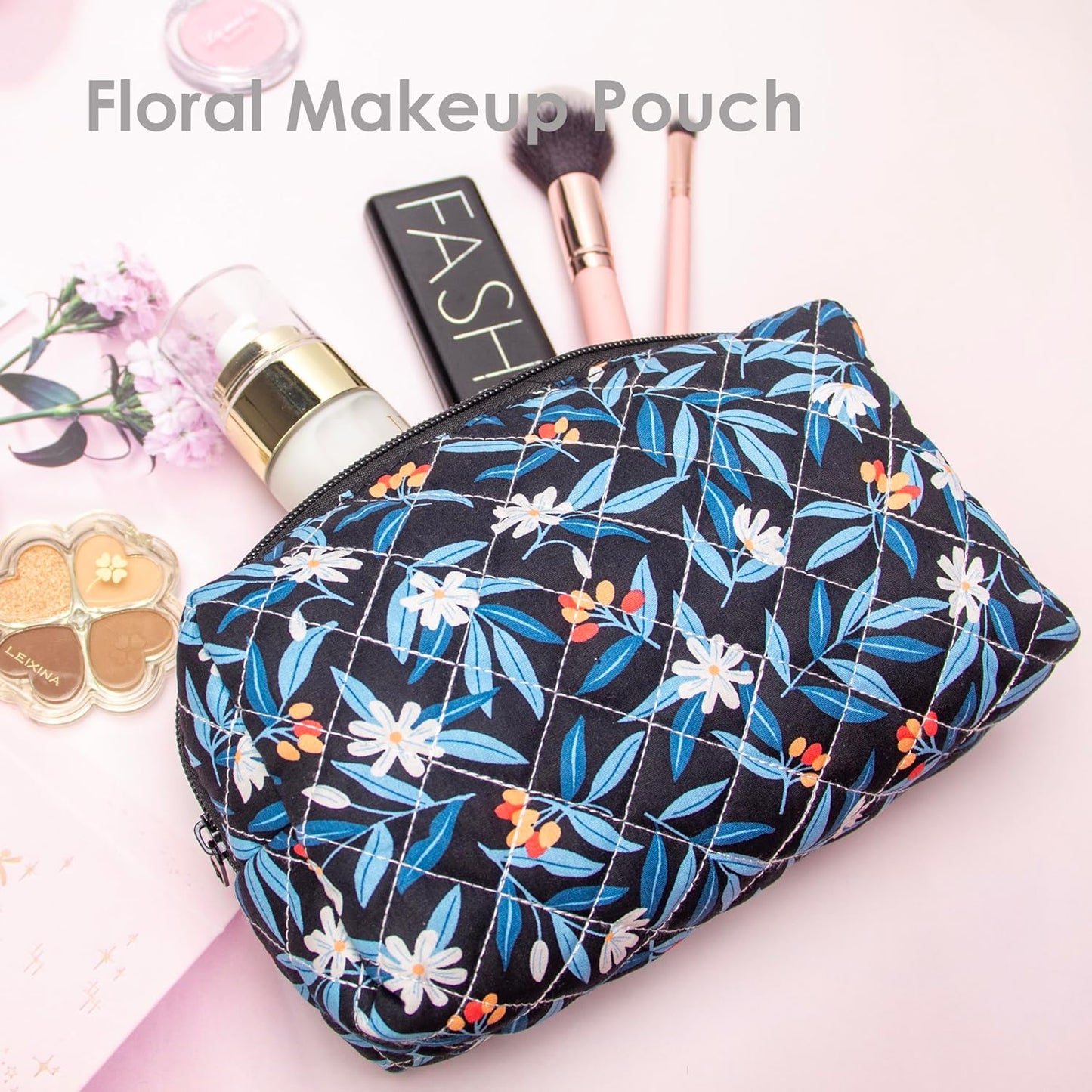 PAZIMIIK Vintage Quilted Makeup Bag Cosmetic Pouch for Brushes Pencils and Travel Make Up Accessories for Women and Girls,Leaf Black