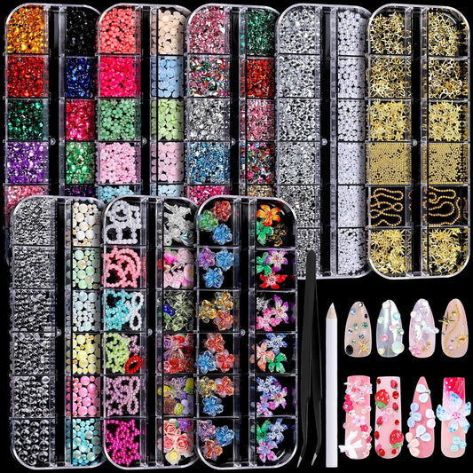 FANDAMEI Nail Charms, 8-Box Nail Charms and Gems, Fruit Bow Hawaii Flowers Petals 3D Nail Art Charms Bulk, Colorful Bubble Beads Nail Rhinestones, Gold Studs Flatback Nail Pearls for DIY
