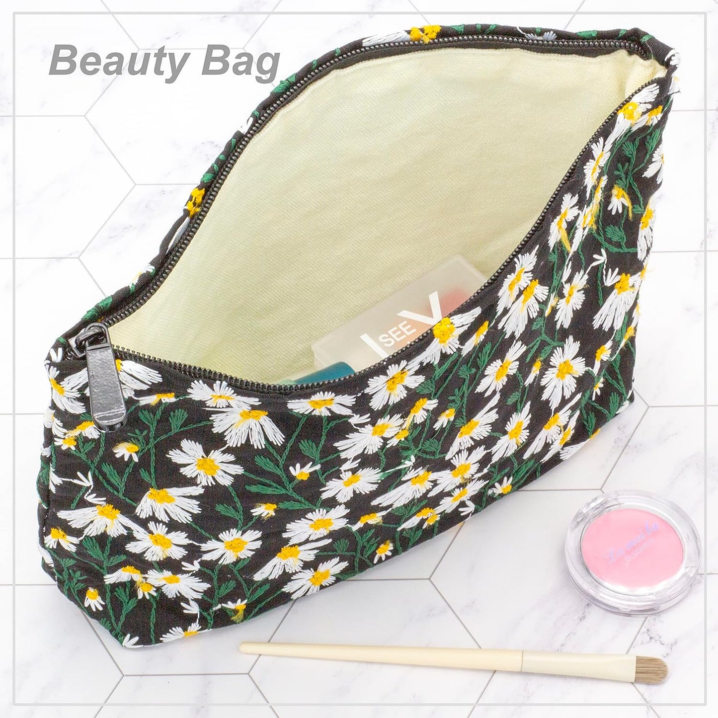 Makeup Bags for Purse Zipper Cosmetic Pouch Large Travel Canvas Make Up Organizer Tool Pouch for Women and Girls,Daisy Black