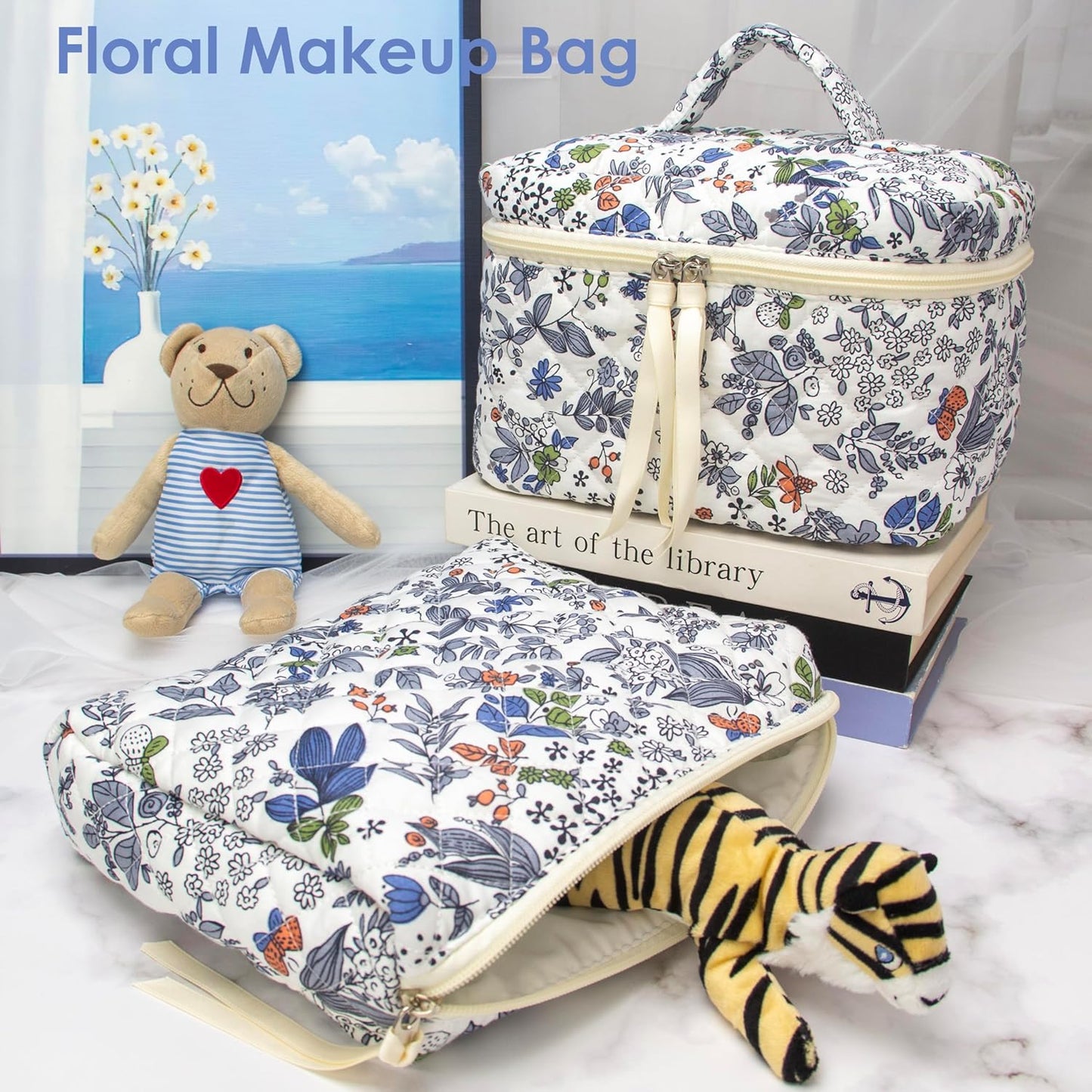 PAZIMIIK Quilted Makeup Bag Large Travel Zipper Soft Cosmetic Case for Women Girls Make Up,Leaf White