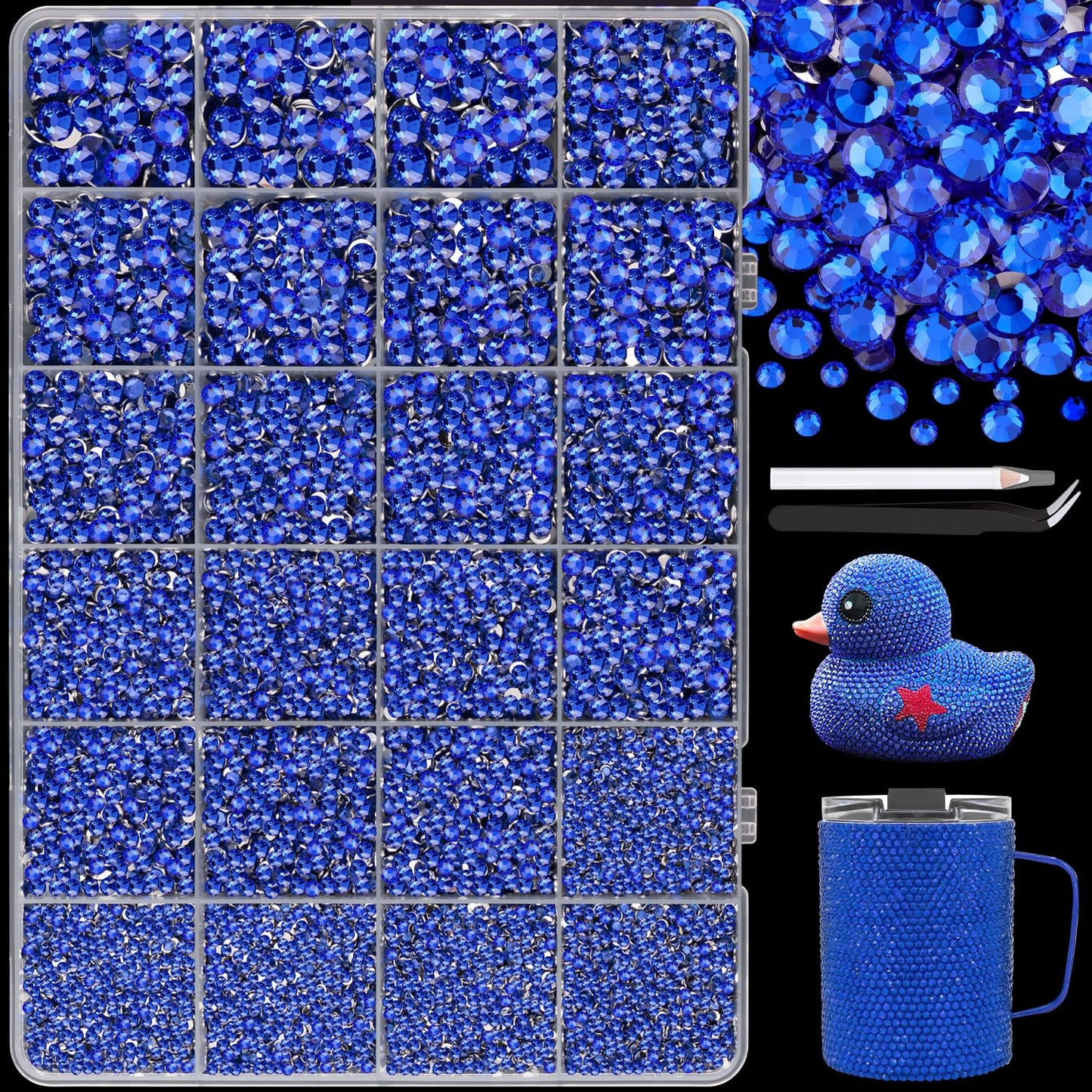 25000Pcs Resin Rhinestones with Tweezers for Crafting, 2-6mm Mixed Sizes (Royal Blue) Non Hotfix Flatback Gems, Bedazzling Crystal for DIY Crafts Clothing Tumblers Mugs Shoes Decor Nail Art