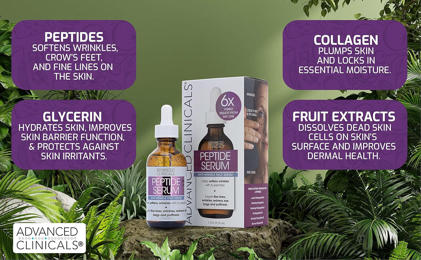 Advanced Clinicals Peptide Facial Serum Moisturizer Skin Care Oil For Face, Wrinkles, Fine Lines, & Puffiness. 6X Peptide Concentrate W/Collagen Plumps, Lifts, & Evens Skin Tone, 1.75 Fl Oz (2-Pack)