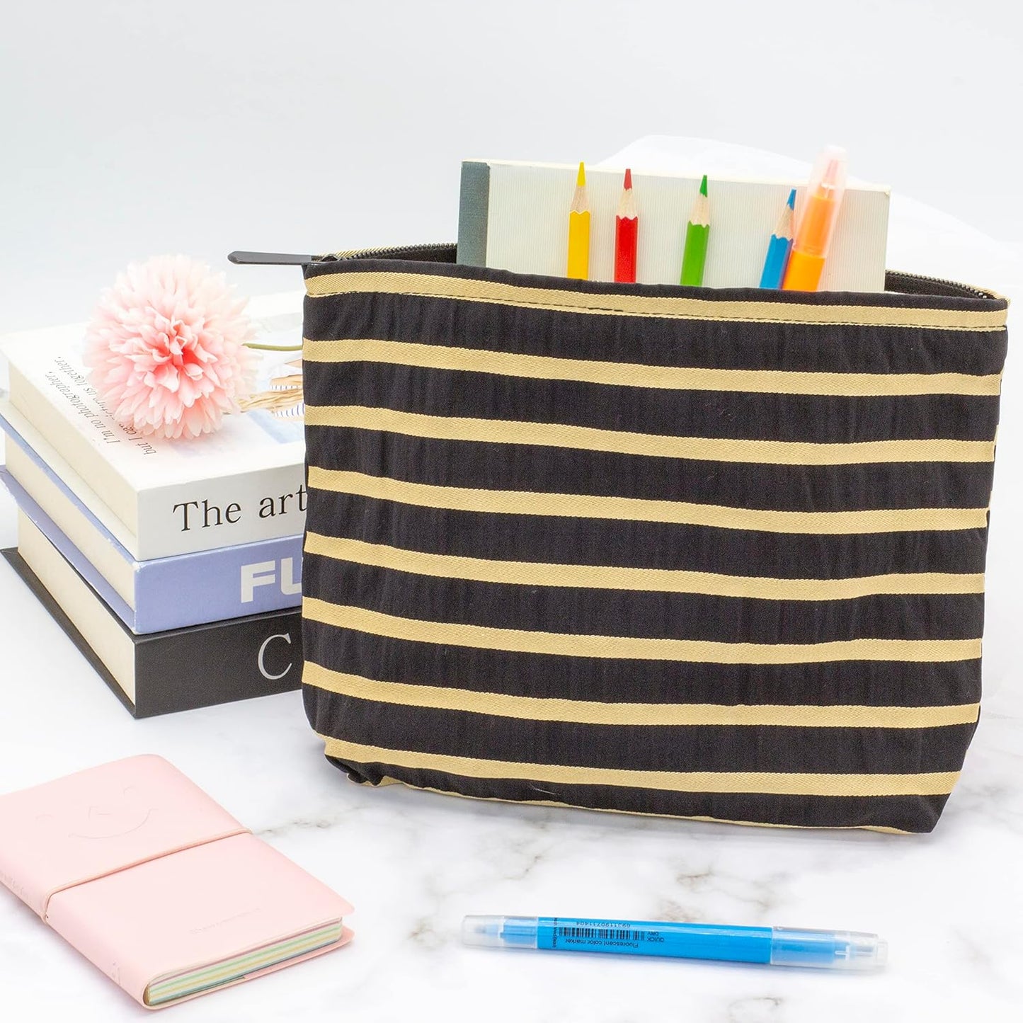 PAZIMIIK Floral Makeup Bag Large Cotton Zipper Pouch for Purse Travel Canvas Make Up Organizer for Women Cosmetic,Stripe Black