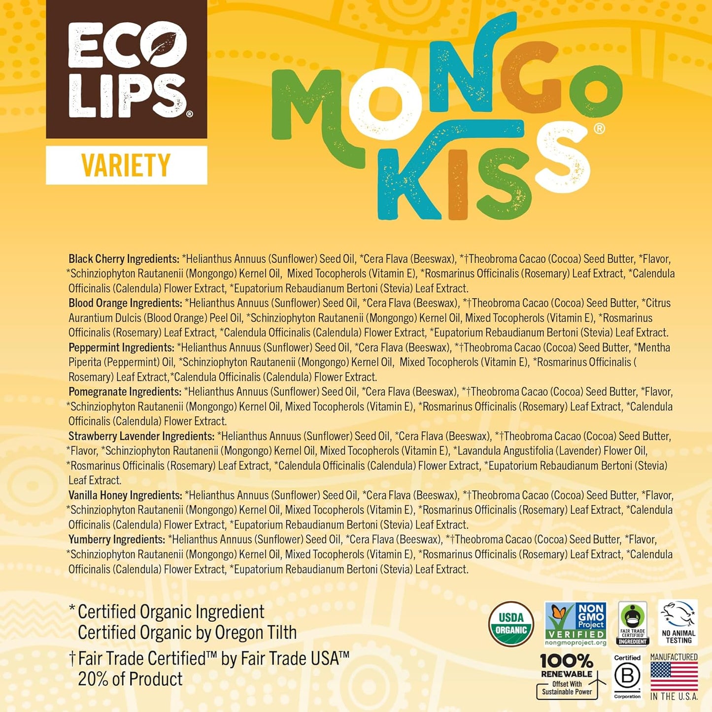 Eco Lips Mongo Kiss Organic Lip Balm 7 Pack - Blood Orange, Black Cherry, Pomegranate, Vanilla Honey, Peppermint, Strawberry Lavender, Yumberry | Mongongo Oil to Soothe & Moisturize Dry, Cracked Lips