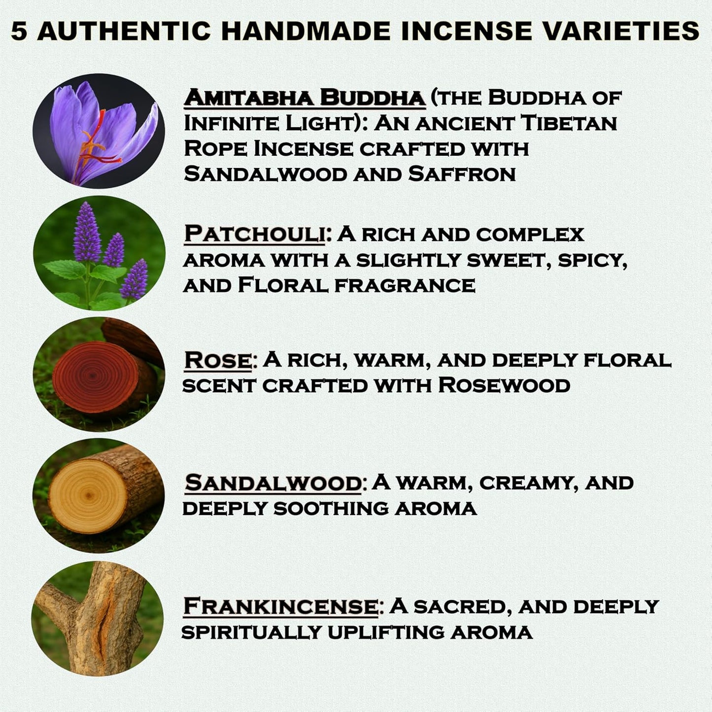 Handmade Tibetan Incense Gift Set – 150 pcs Incense Variety Pack: Frankincense, Patchouli, Sandalwood, Rose, Amitabha Buddha, Incense Holder, 4 Rope Bundles and 1 Stick Bundle